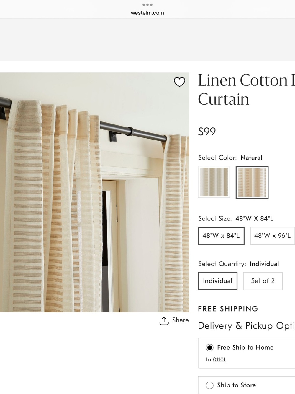 West Elm Linen Cotton Ladder Sheer Curtain Panel in Natural